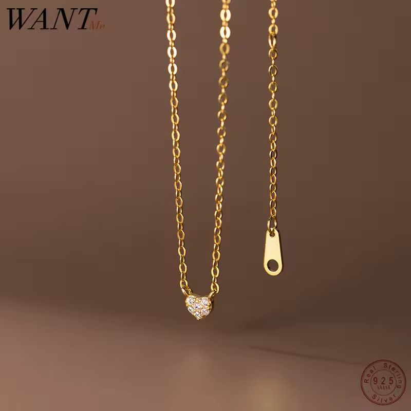 WANTME 925 Sterling Silver Mini Love Heart Zircon Small Pendant Charm Necklace for Women Teen Clavicle Simple Party Jewelry Gift