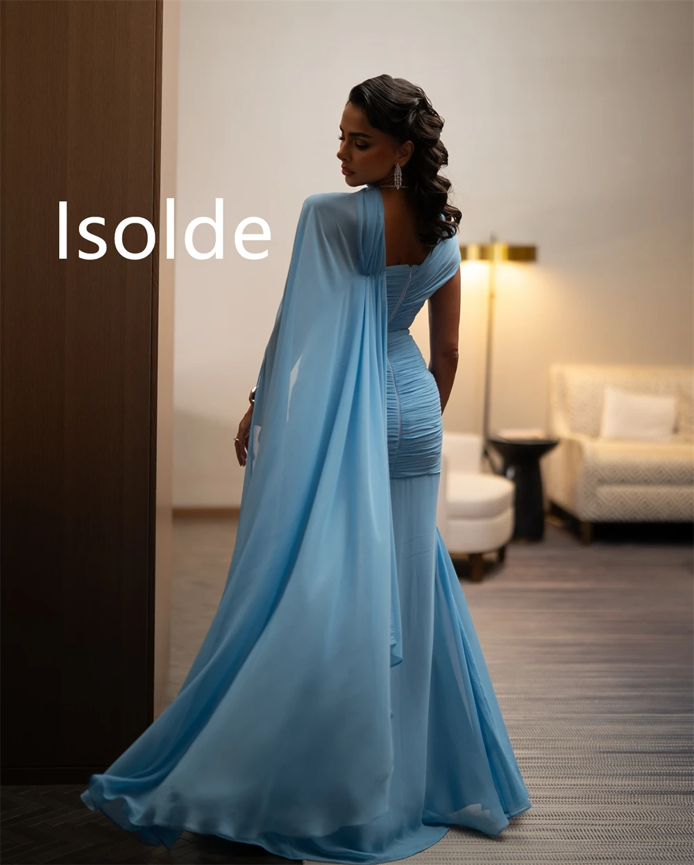 

Customized Soft Blue Chiffon Evening Dress Exquisite One Shoulder Sweep Train Homecoming Dresses Formal Special Occasion Gowns