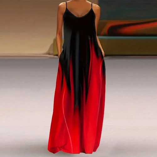 Imagen 2 del producto Vestido largo con tirantes y espalda descubierta para mujer, vestido largo sin mangas con cuello en V degradado de colores, moda de verano, nuevo estilo