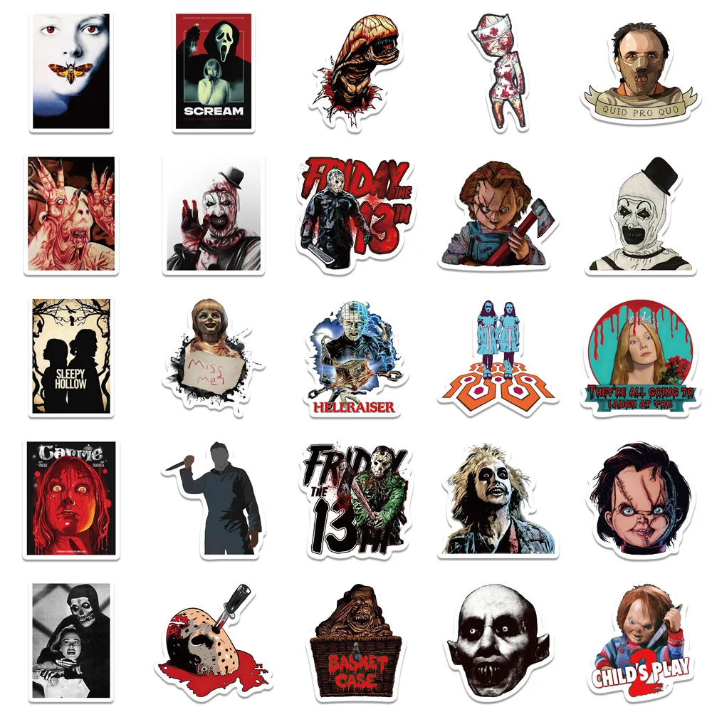 50/100pcs Mixed Horror Movie Thriller Character Stickers Car Guitar Luggage Suitcase Decals Sticker for Halloween Kids Toy