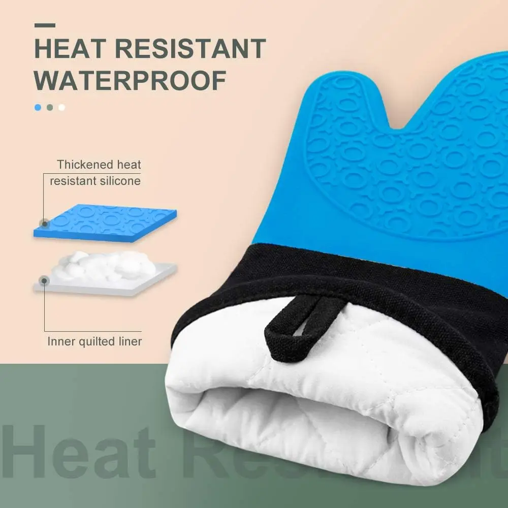 Luvas de Forno Extra Longas Resistentes ao Calor com Pegada Antiderrapante, Perfeitas para Assar, Cozinhar e Grelhar - 14,6 Polegadas Azul e Preto