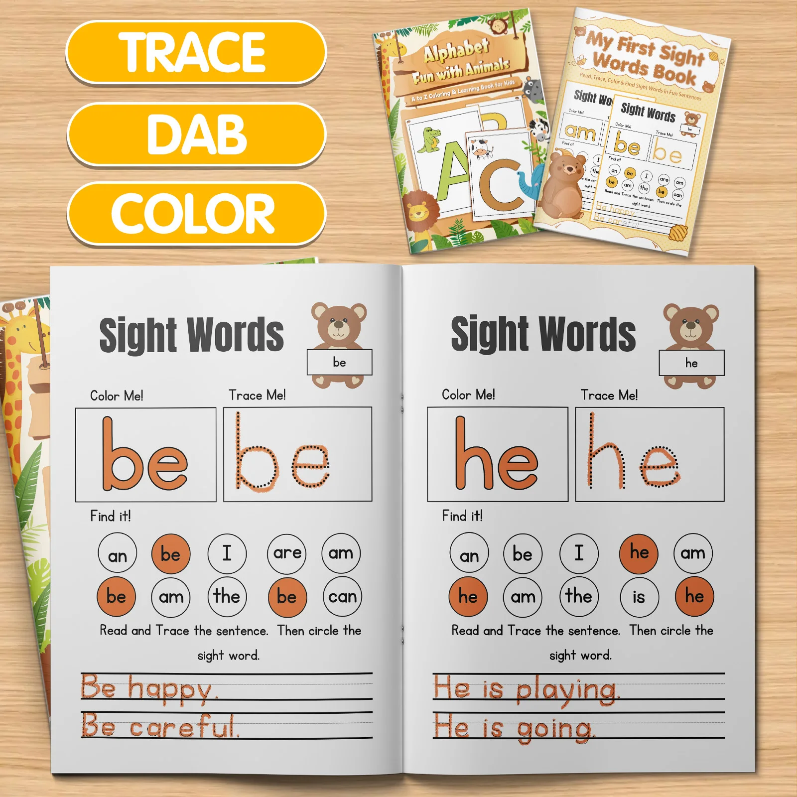 2-Pack Early Literacy Activity Set, Animal-Themed A–Z Letter Coloring plus First Sight Word Read, Trace