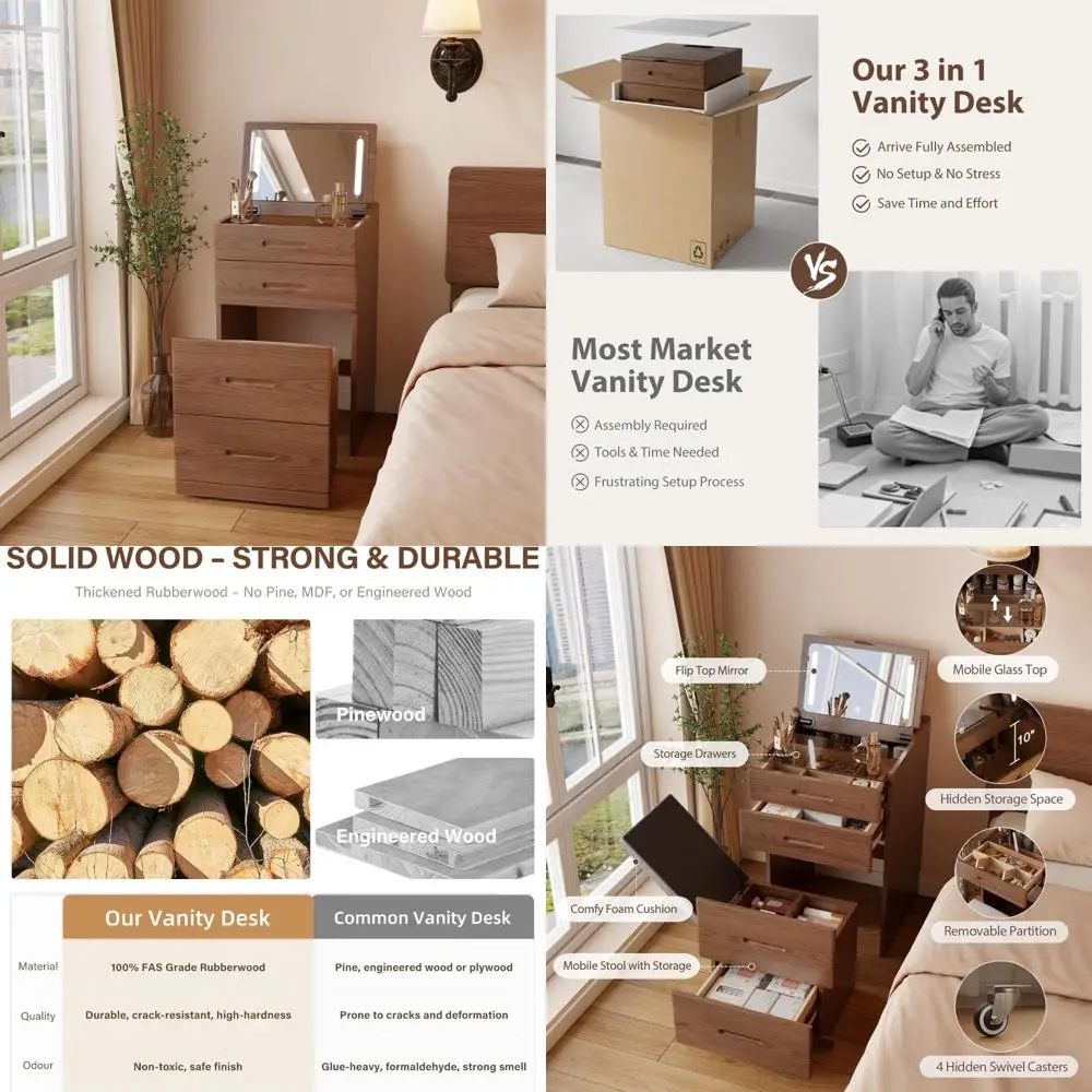 

Compact Solid Wood 3-in-1 Vanity Desk with Flip Mirror, Built-in Chair, and Small Makeup Set