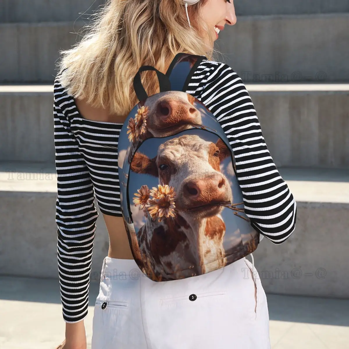 Cute Smiling Cow With Daisy Hat Design Student Backpack School Bag Hiking Travel Daypack for Men Women Bookbag Shoulder Bags