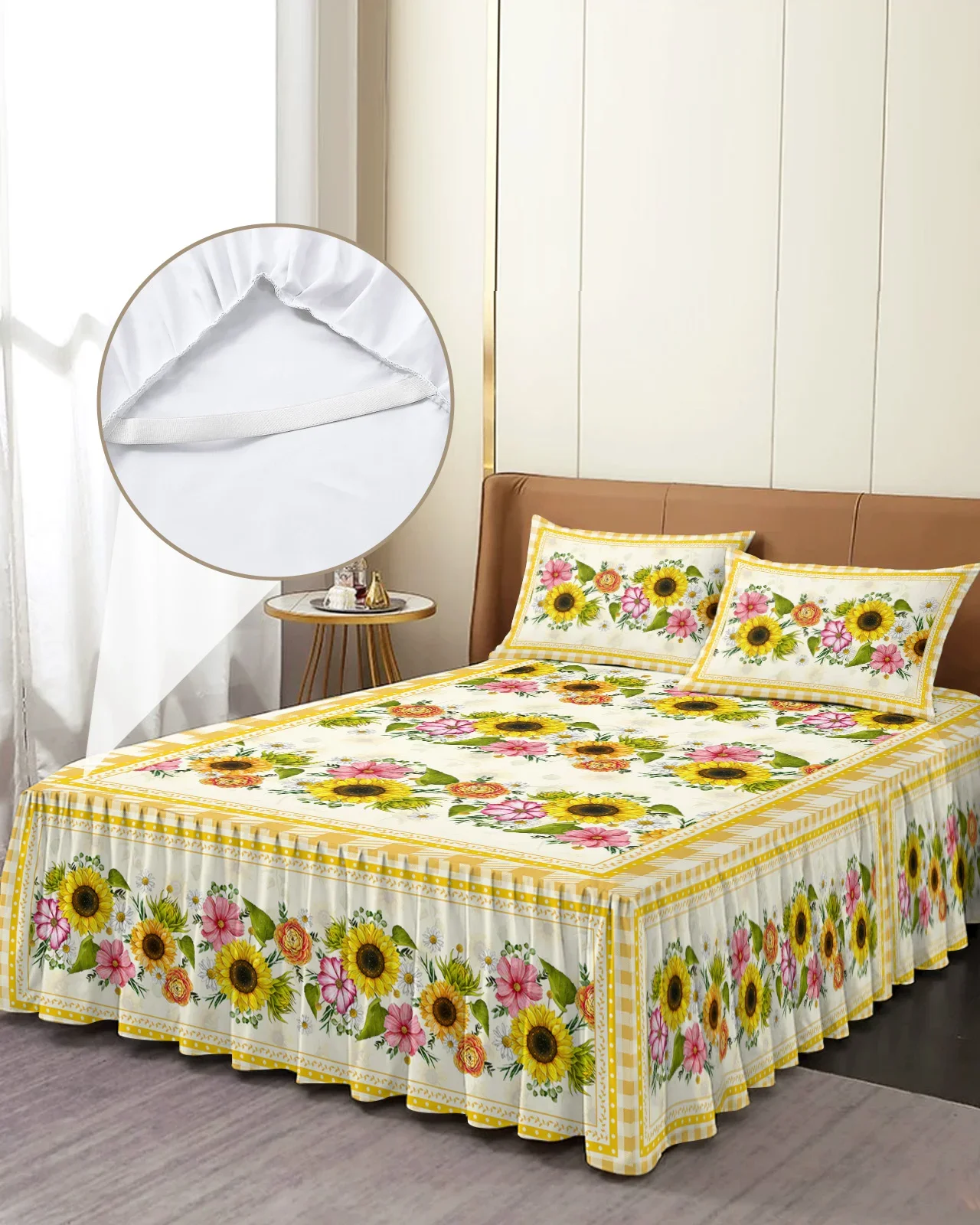 Pastoral Sunflower Plaid Bed Skirt Elastic Fitted Bedspread With Pillowcases Bed Protector Mattress Cover Bedding Set Bed Sheet