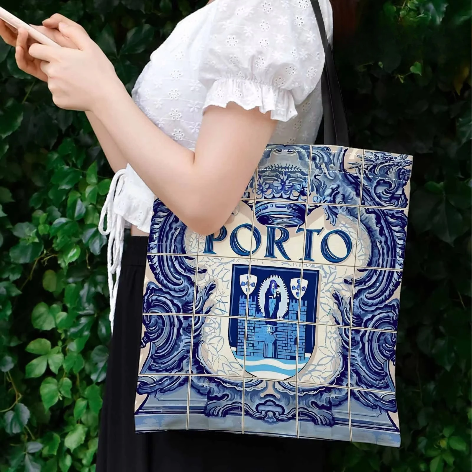 Vintage Porto City Blue Azulejo Tile Canvas Tote Bag Portuguese Style Reusable Shopping Shoulder Bag Travel Souvenir for Ladies