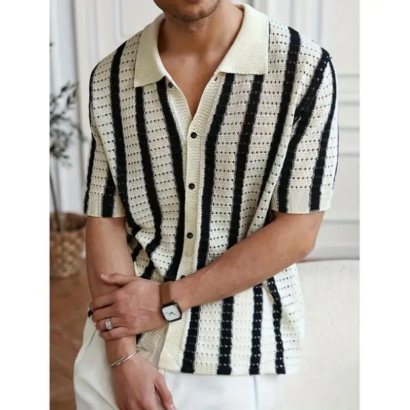 

Men's Knitted Sweater Bla White Stripes Loose Fit Collar Nine Sve Length Coolmax Fiber Ciwalk Inner Wear Winter T...