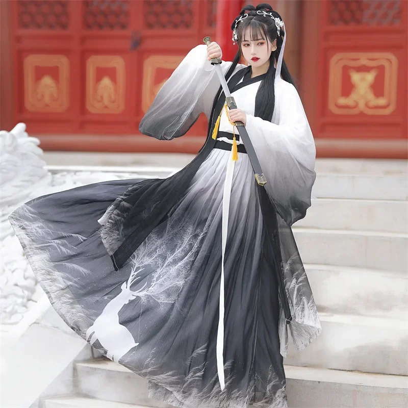 Traditional Hanfu Classical Black and White Gradient Folk Dance Costumes Retro Cross-Neck Waist-Length Dress Large Sleeve Shirt