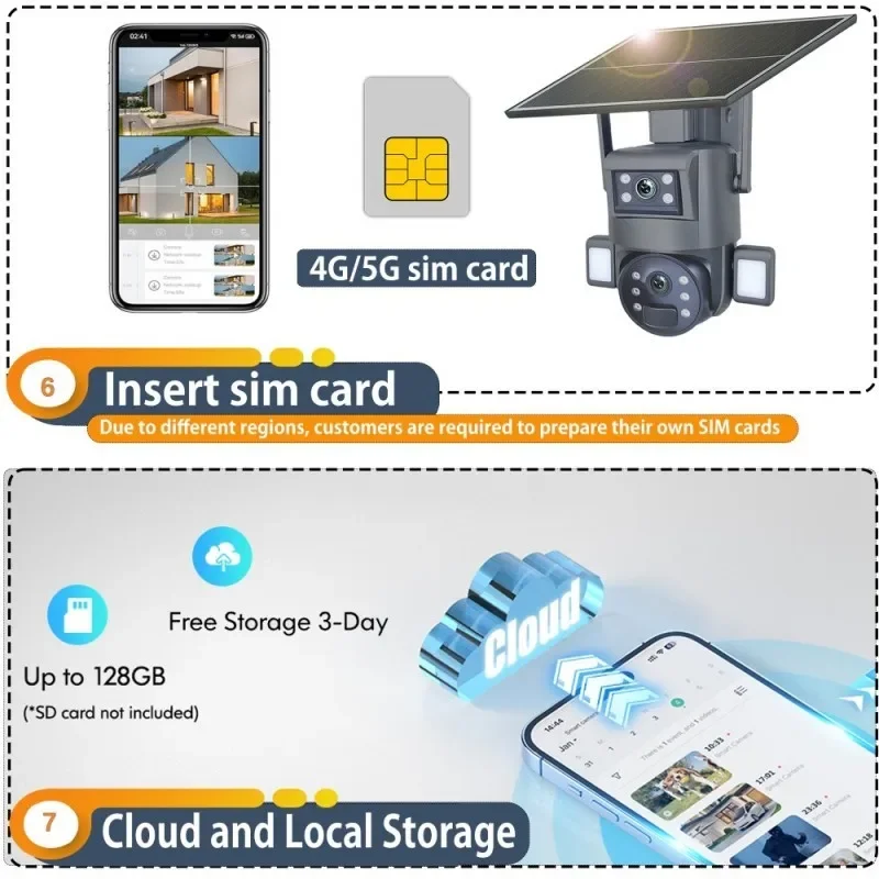 Kamera Solar Ubox App Dual Wire-Free 4K UHD 10x Zoom Floodlight Night Vision Waterproof A50 8MP 4G H.265 WIFI Network CMOS Cloud