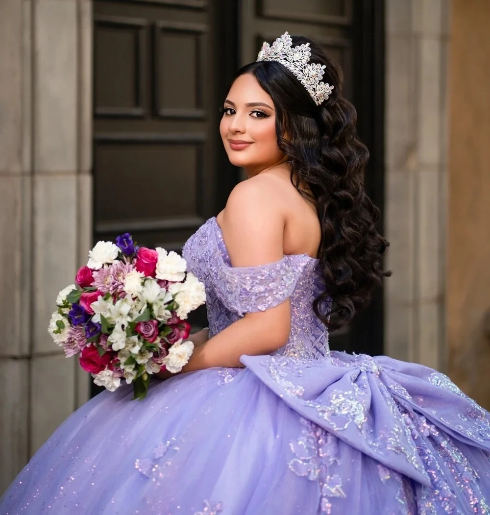 Lilac Charro Quinceanera Dresses Ball Gown Off The Shoulder Appliques Bow Mexican Sweet 16 Dresses 15 Anos Customized
