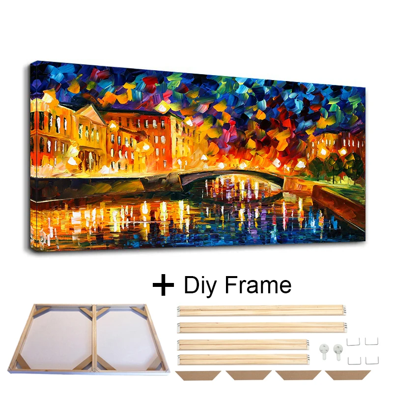 Colorful City House Bridge Night Afremov Landscape Oil Painting Canvas Prints and Posters with Frame for Living Room Home Decor