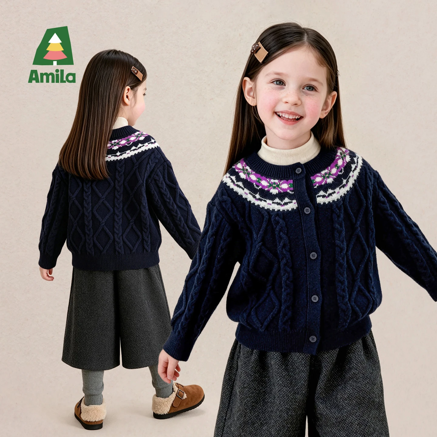 Amila 2026 Winter New Kids Cardigan Sweater Fair Isle Jacquard Vintage Warm Extra Soft Cozy Comfortable Daily Knitted Top