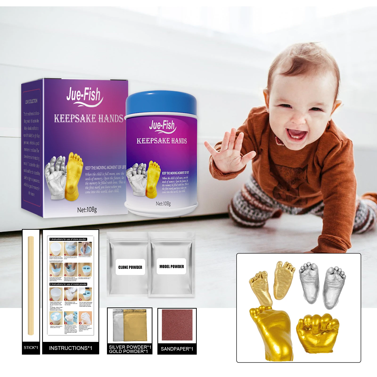 Baby 3D Hand Casting Powder Kit, Infant Hand & Foot Impression Keepsake, DIY Mold Powder for Newborn Full Moon 100 Days Souvenir Craft
