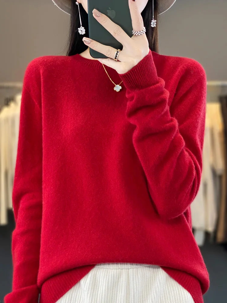 100% pure wool 2024 autumn and winter new cashmere sweater women\'s O-neck pullover fashion solid color long sleeve pullover.