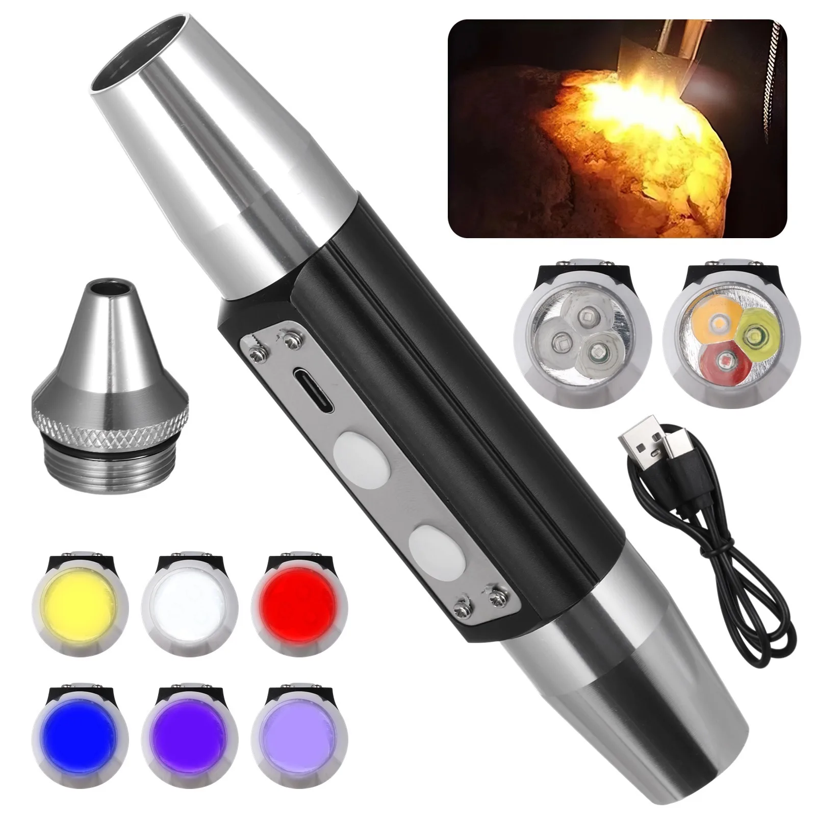 

6 LED Rechargeable Gemstone Flashlight Dual-Head Jade Appraisal Light Jewelry Detecting Flashlight Jadeite Diamond Detector Lamp