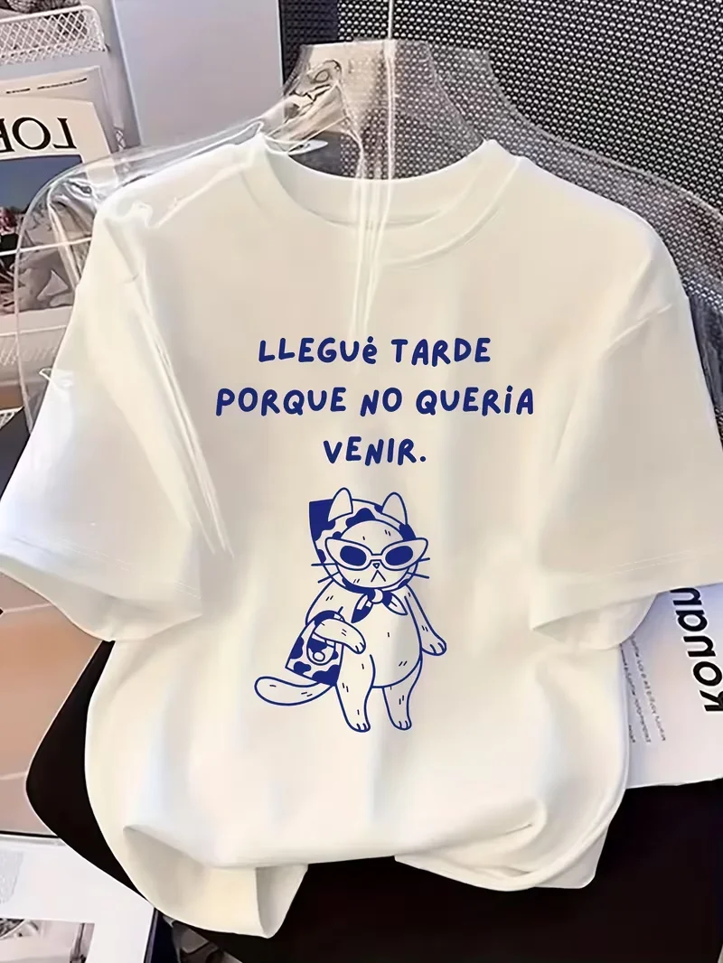Cool Cat Spanish Slogan Graphic T-Shirt, Crew Neck Short Sleeve Top, Llegue Tarde Porque No Queria Venir Print,Daily Fashion Tee