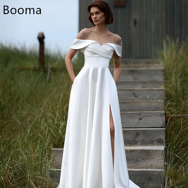 

Booma Simple Sleeveless A-Line Wedding Dresses Pearls Satin V-Neck Side Split Brides Gown Custom Made 2025