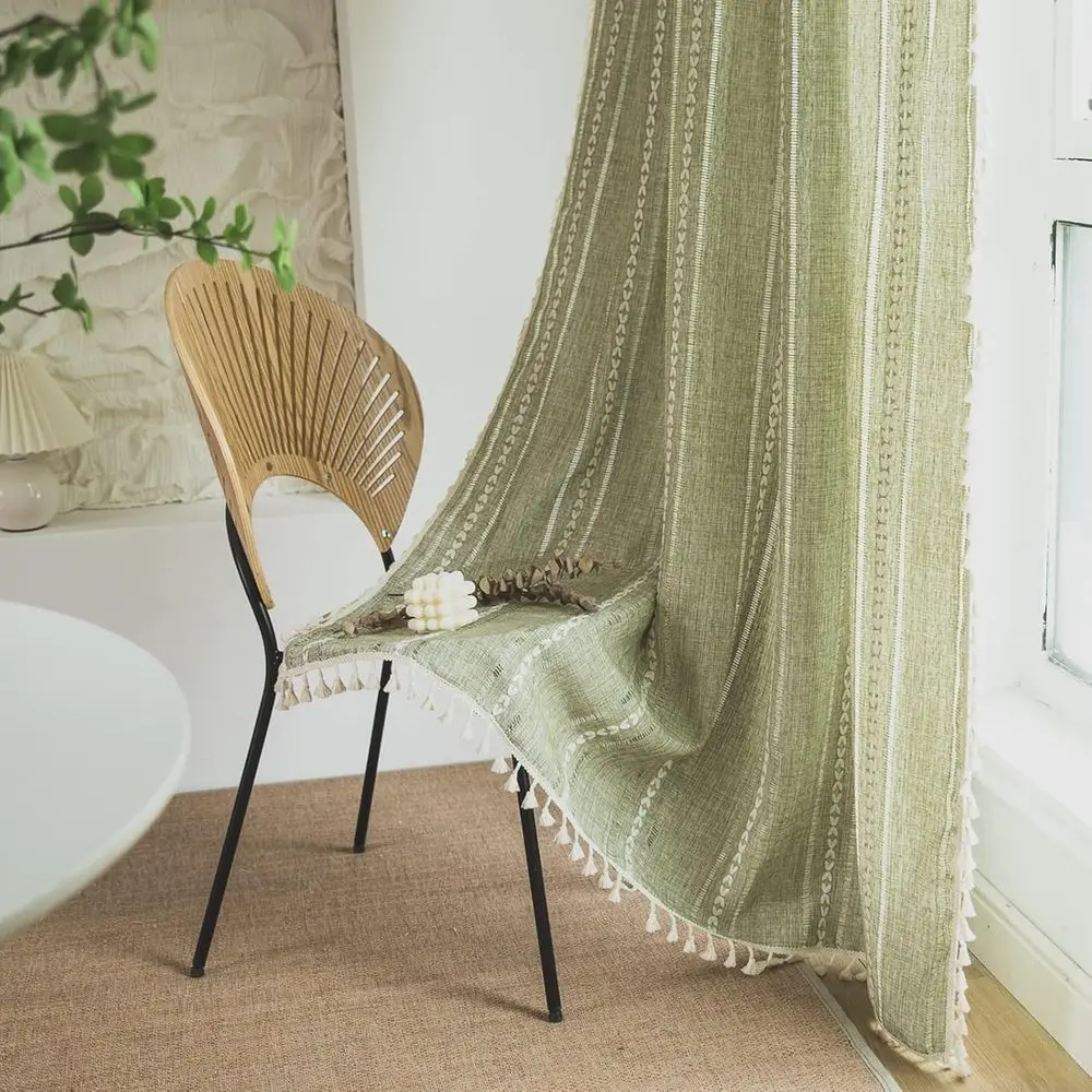 

Boho Curtains for Bedroom Living Room Kitchen, Semi-Blackout French Country Farmhouse Vintage Linen Shabby Chic Tassels Hollow W