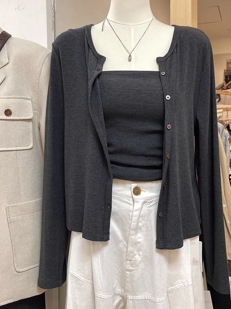 

Женский вязаный кардиган больших размеров с подкладкой на груди, повседневный комплект из двух предметов, модный летне-осенний, с открытым передом, длинный рукав