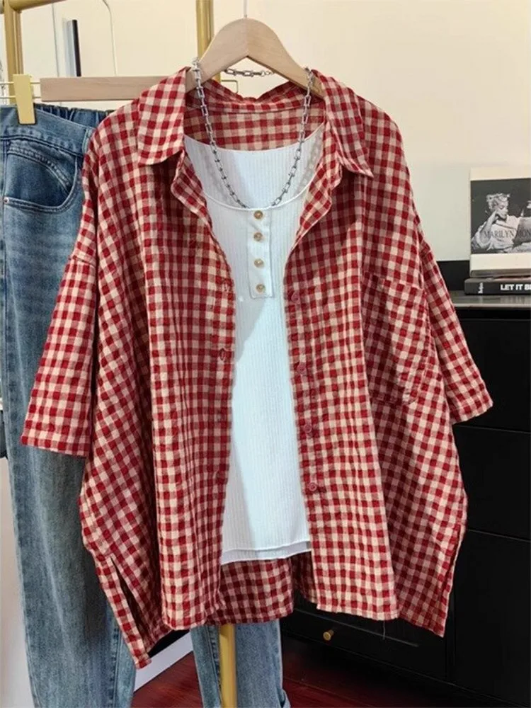 

Retro European Flax Plaid ort Sve Women's irt Summer 2025 Loose Sun Protection Top Collar Regular Length