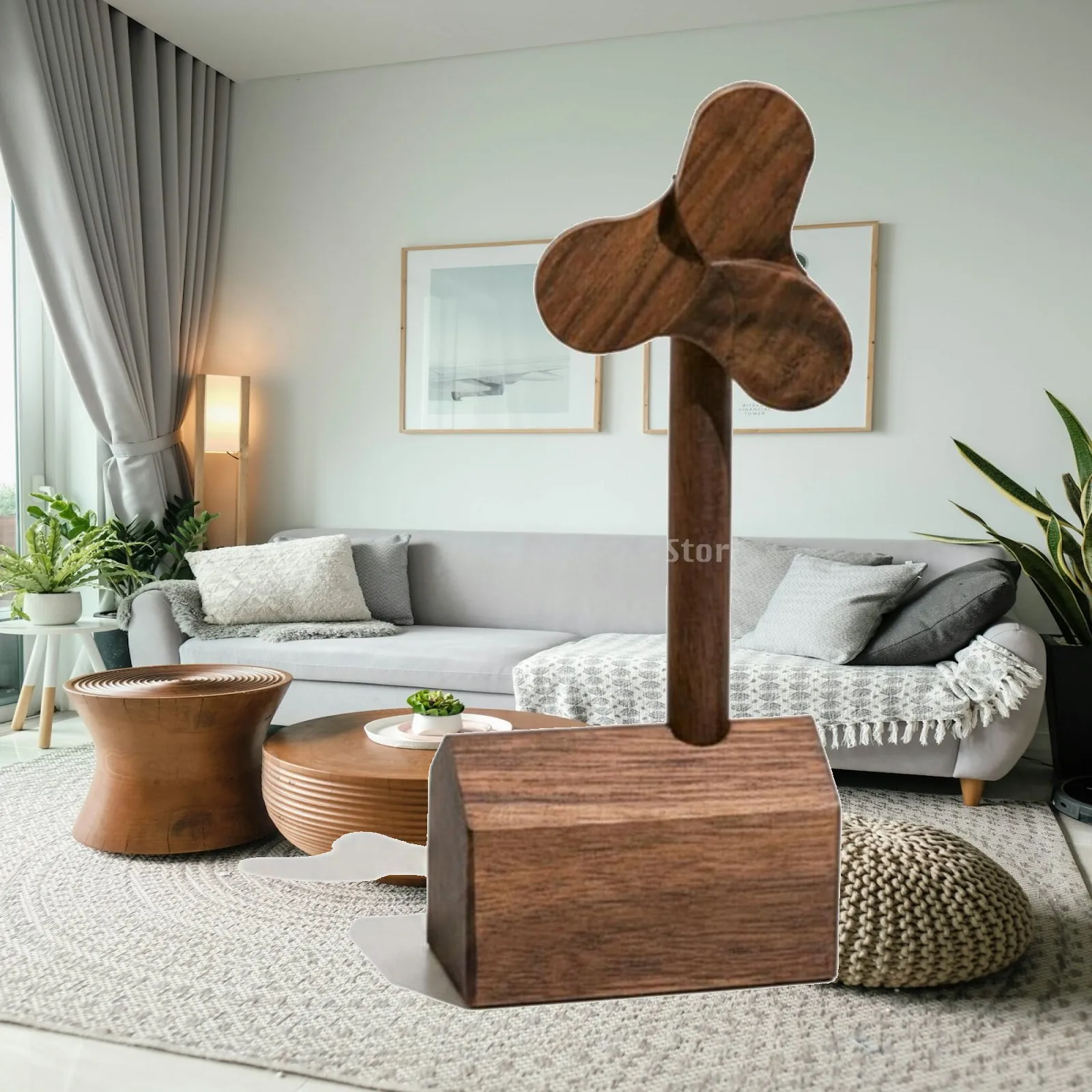 Rustic Walnut Windmill Figurine Creative Desktop Decoration for Living Room Office Car Balcony Shelf