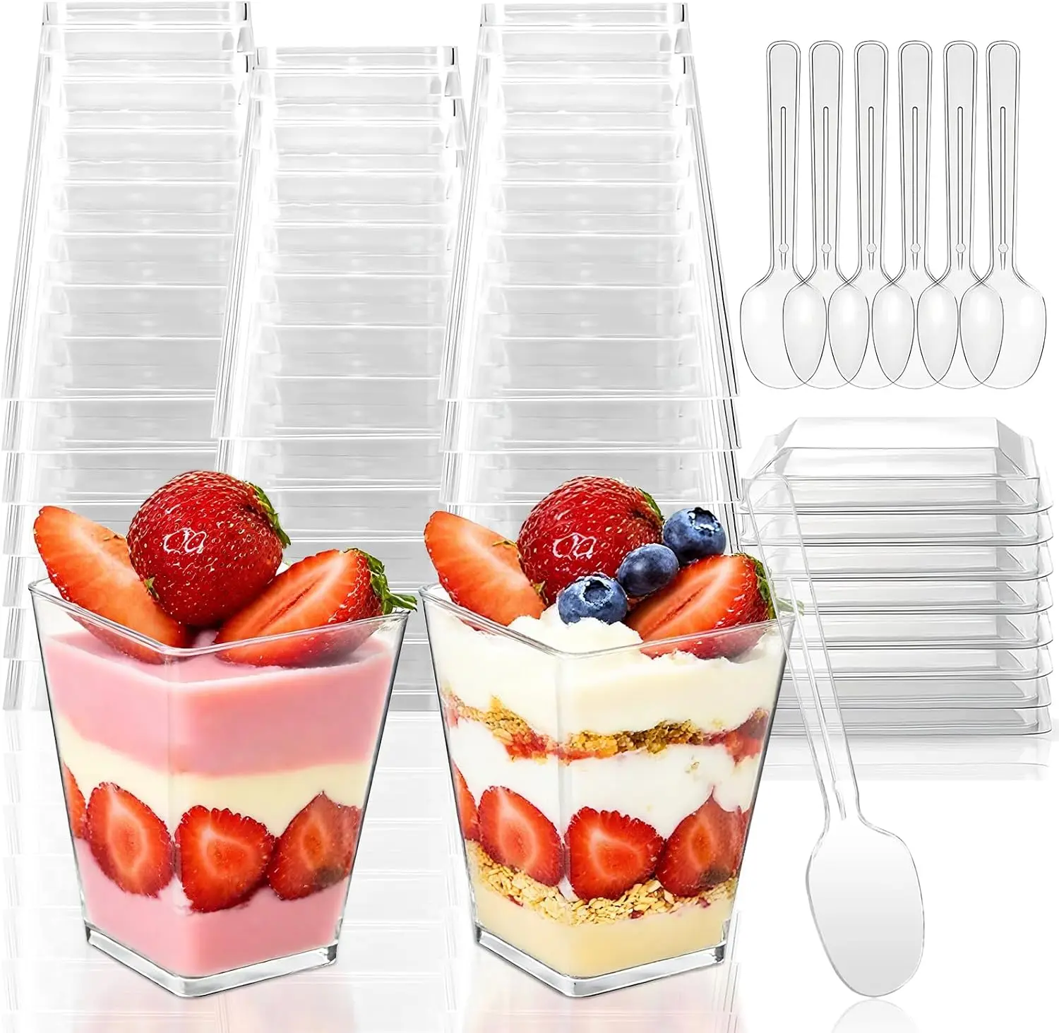 50SET 5oz Mini Square Clear Dessert Containers With Lids And Spoons,Hard Plastic Individual Serving Cups For Parfait,Pudding,Mousse,Tiramisu,Yogurt,Ice Cream,Fruit Salad,Great For Baby Shower,Birthday Party,Wedding,Halloween Holiday,Buffet,Catering