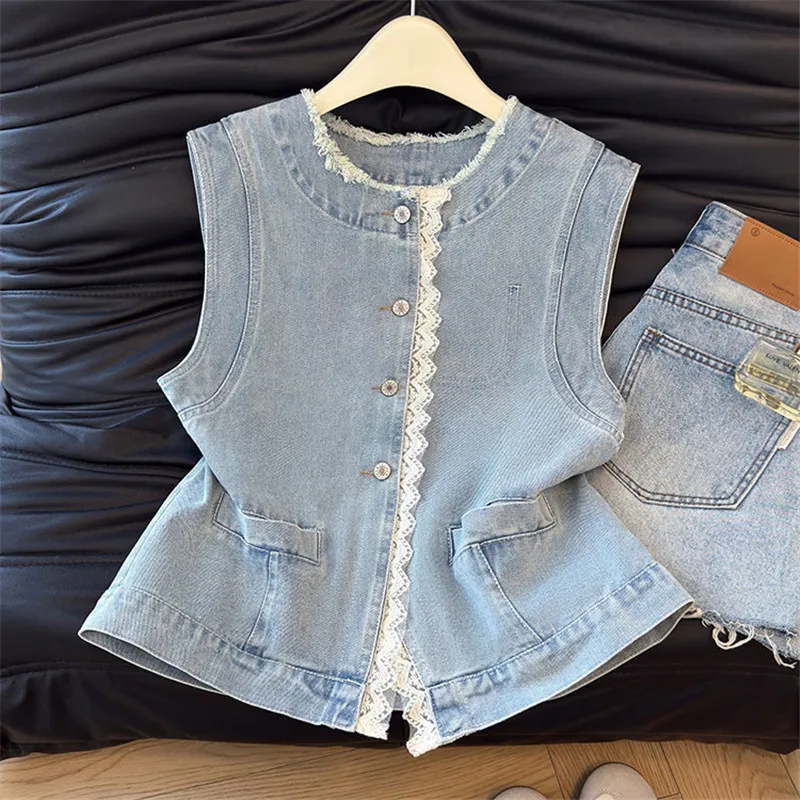 

Summer Light Blue Slim Short Denim Vest Women Fashion Frayed Burrs Hem Round Neck Single-Breasted Sleeveless Cowboy Waistcoat