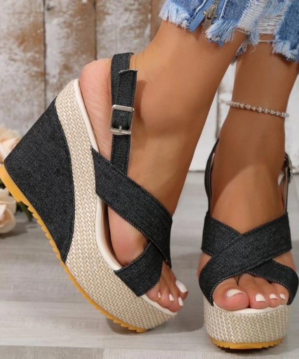 Sandalias de cuña con hebilla en el tobillo para Mujer, zapatos de mezclilla cómodos, suela gruesa, talla grande 35-42, Verano