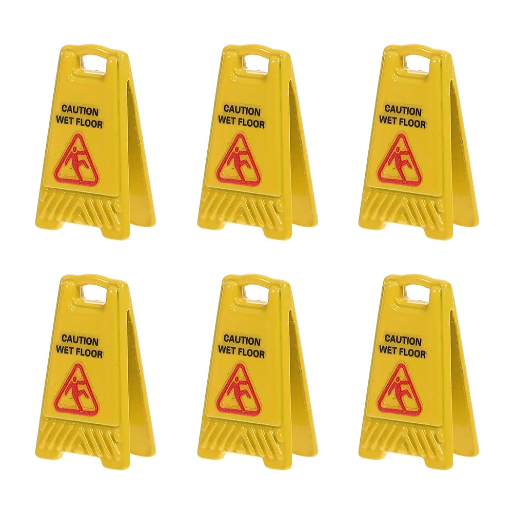 

6pcs Miniature Caution Wet Floor Signs Realistic Tiny Traffic Warning Dollhouse Accessories Alloy Material Small Scale