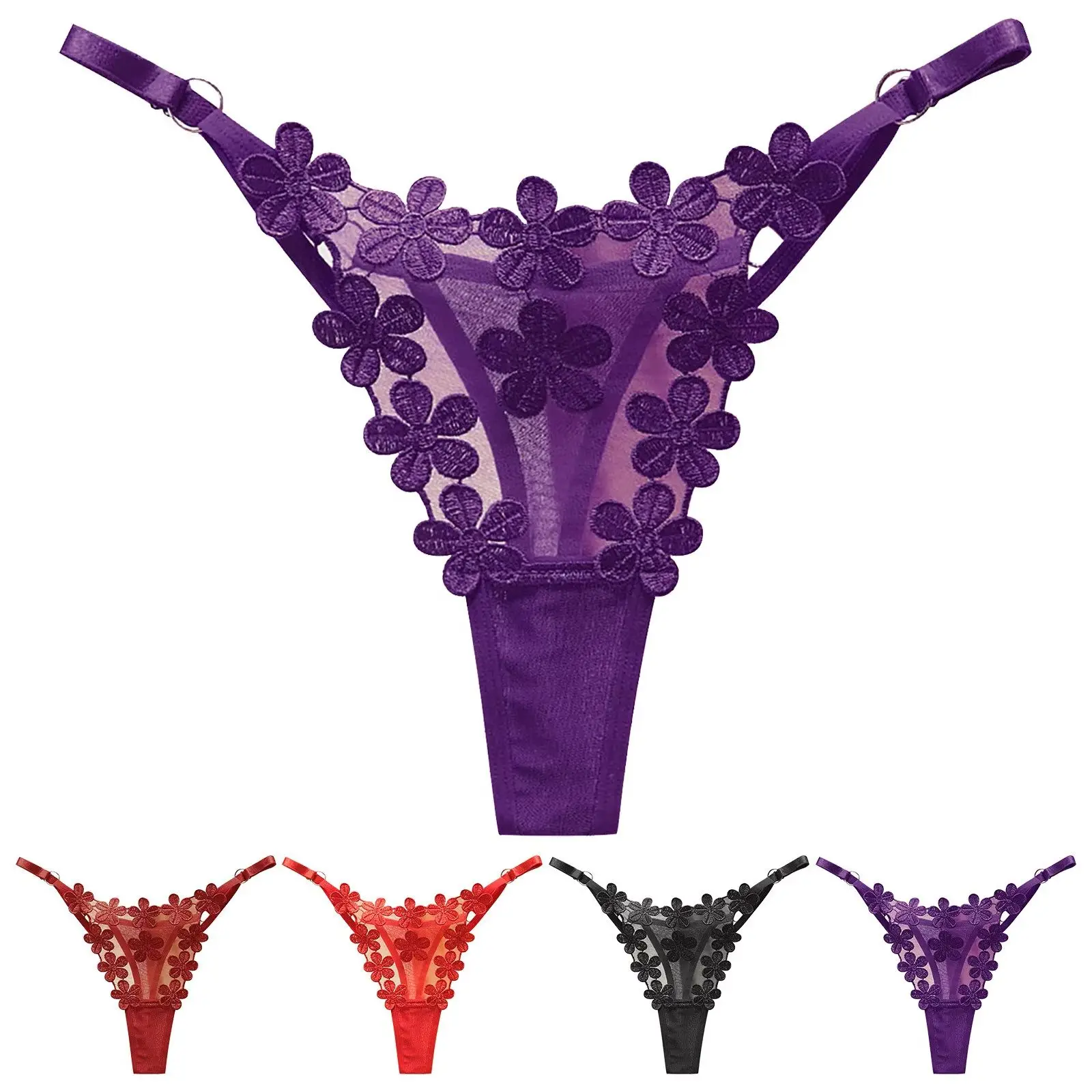 

Thongs Woman 2025 Pure Desire Thong Metal Buckle Design Sweet Flower Embroidery Breathable Mesh Sexy Ropa Interior Para Mujeres