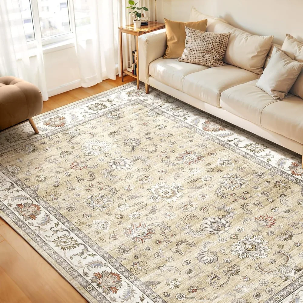 

WITSHOCK 8x10 Area Rugs for Living Room: Machine Washable Non Slip Vintage Carpet - Low Pile Lightweight Print Rug for Bedroom D
