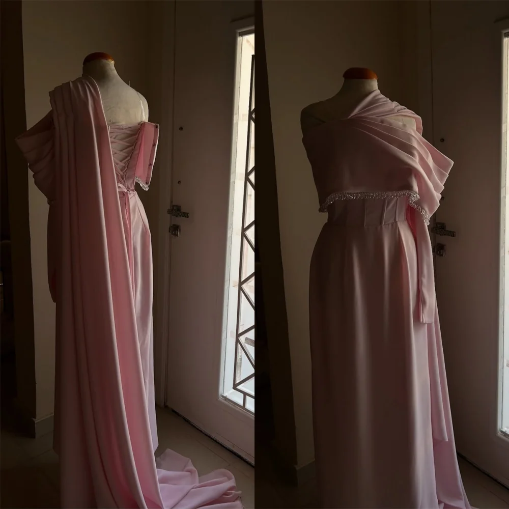 

Customized Temperament Pink Jersey Evening Dress High Quality Strapless Halter Sleeveless Lace Up Back Homecoming Dress