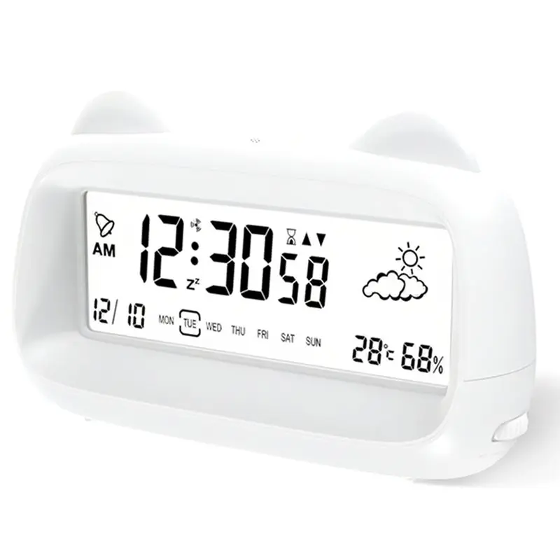 A20F-Digital Alarm Clock Display With Week Temperature Humidity Backlight Cat Shape For Kids Adults Bedside Battery Powered