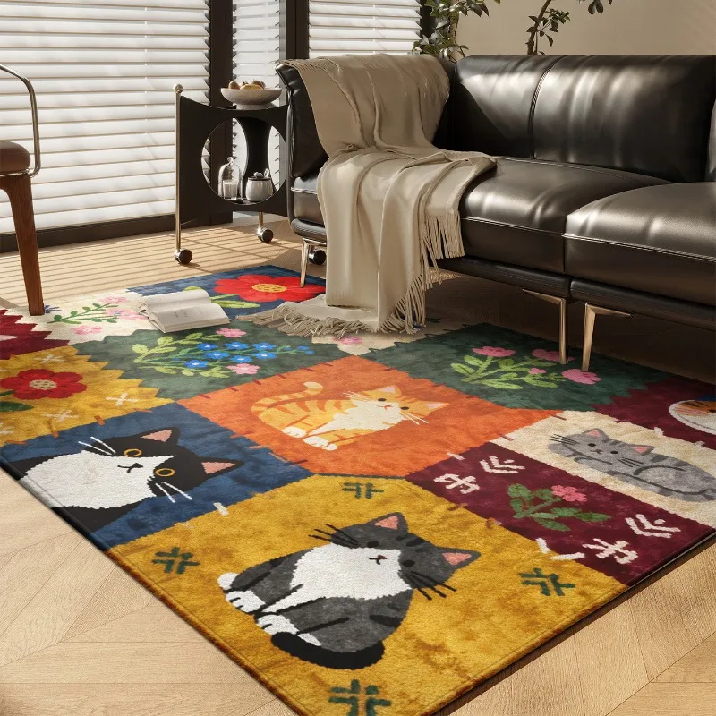 

Cartoon Cat Living Room Carpet Pastoral-Style Patchwork High-Art Bedroom Rug Soft and Fluffy Coffee Table Mats Alfombra Tapis 러그
