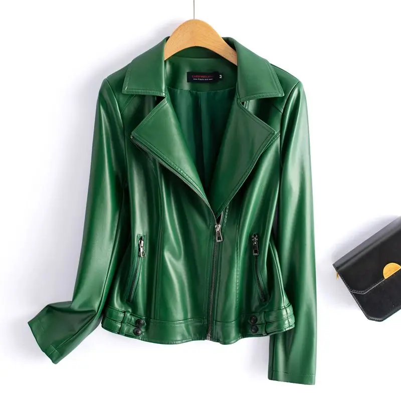 New Women Moto Biker Style Slim Jacket Split Leather Spring Autumn Fashion Suit Collar Long Sleeve Casual Daily Leather Coat
