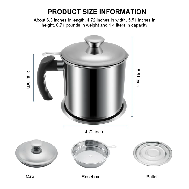 Contenitore per grasso PB-Bacon con filtro Contenitore per olio in acciaio inossidabile da 48 Oz Lattina per olio con coperchio Lattina per olio con manico facile da impugnare