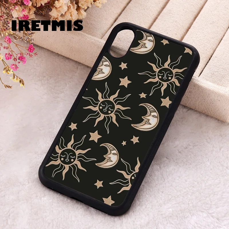 Iretmis Phone Cover Case For iPhone X XS Max XR 11 12 13 PRO MINI 14 15 16 Plus Rubber Silicone Moon & Sun Pattern