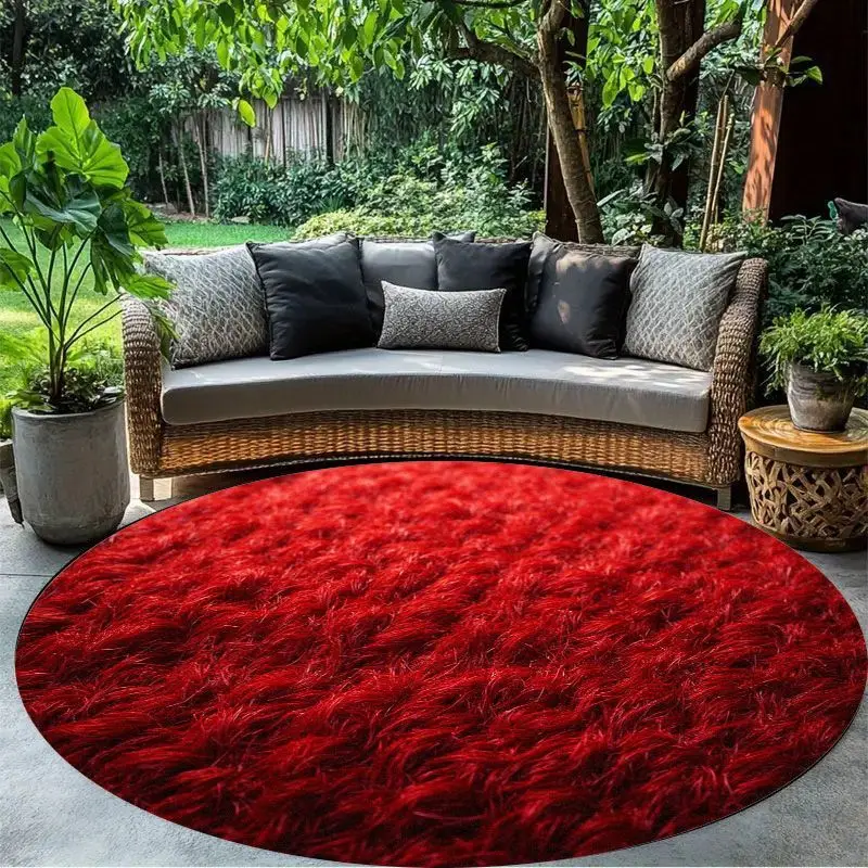 Roter Flauschiger Runder Teppich Flanell Gemütliche Outdoor-Terrassen-Gartenmatte Wetterfest Verblassungsbeständig