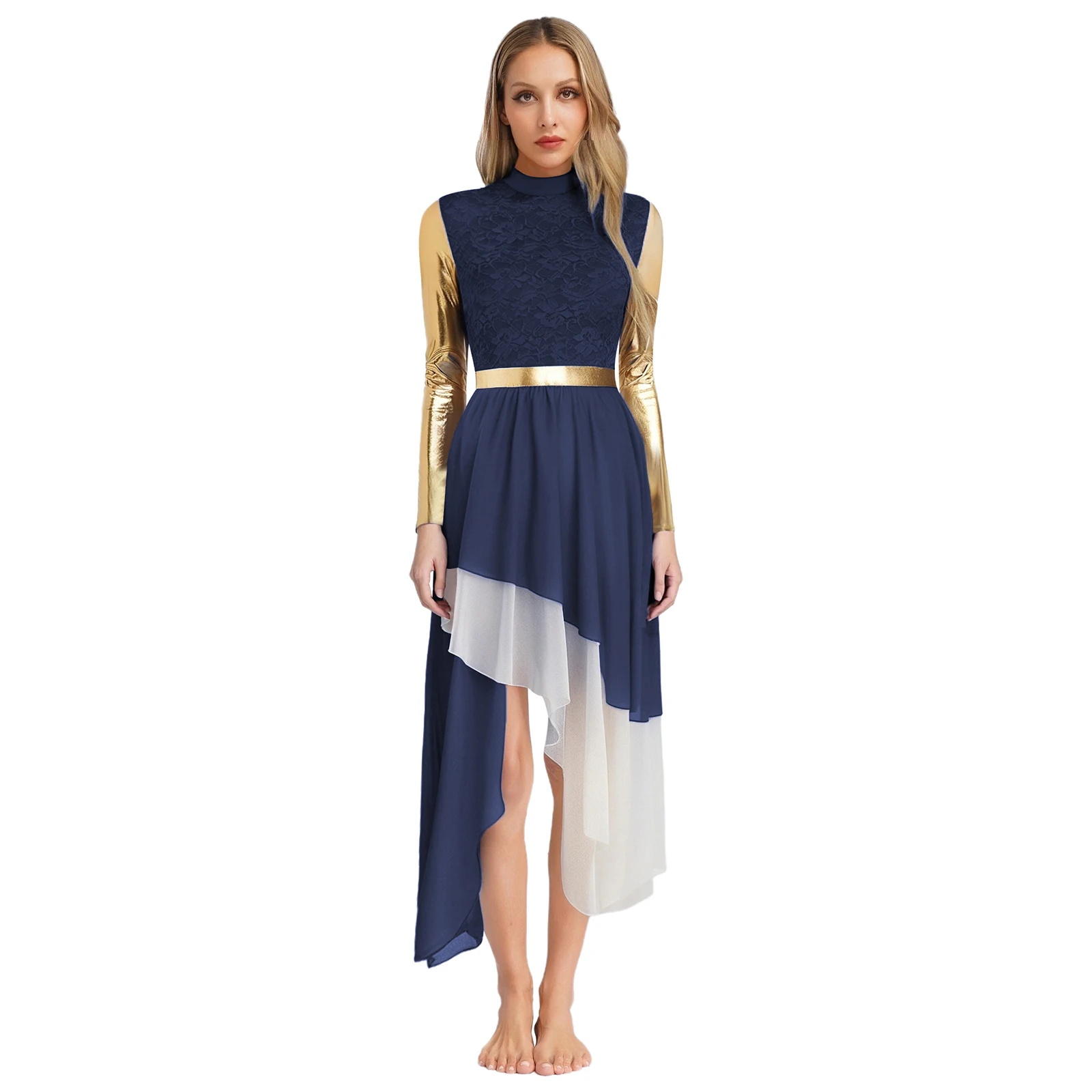 

Women's Liturgical Praise Modern Dance Dress Metallic Shiny Long Sleeve Tiered Chiffon Dress Modern Worship Clergy Dance Costume