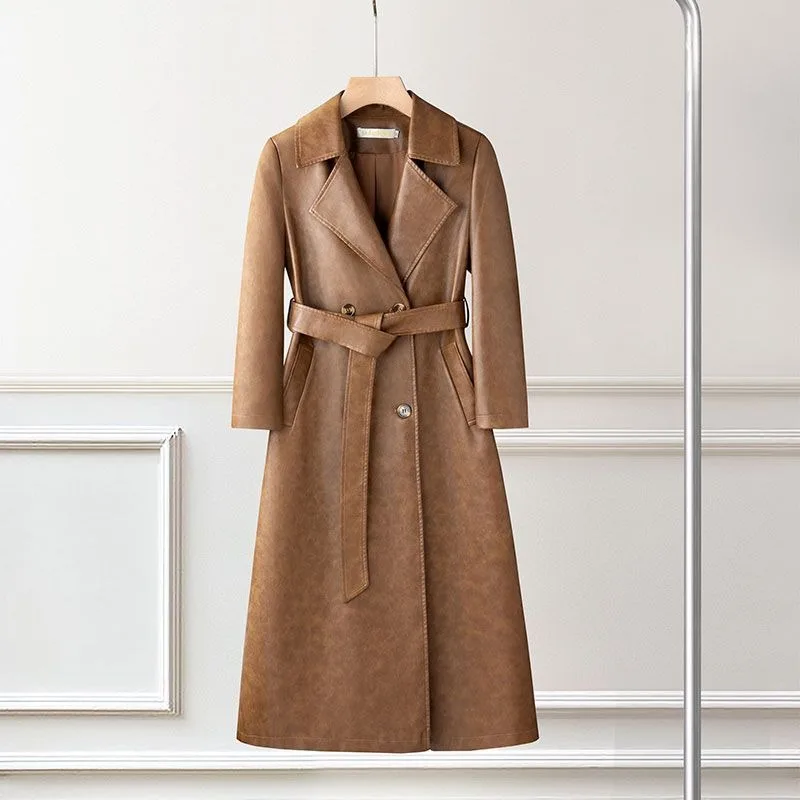Damski płaszcz w stylu vintage na rok 2025, długi trencz, skórzana kurtka, retro płaszcz wierzchni, wiosenna i jesienna moda, temperamentny styl.
