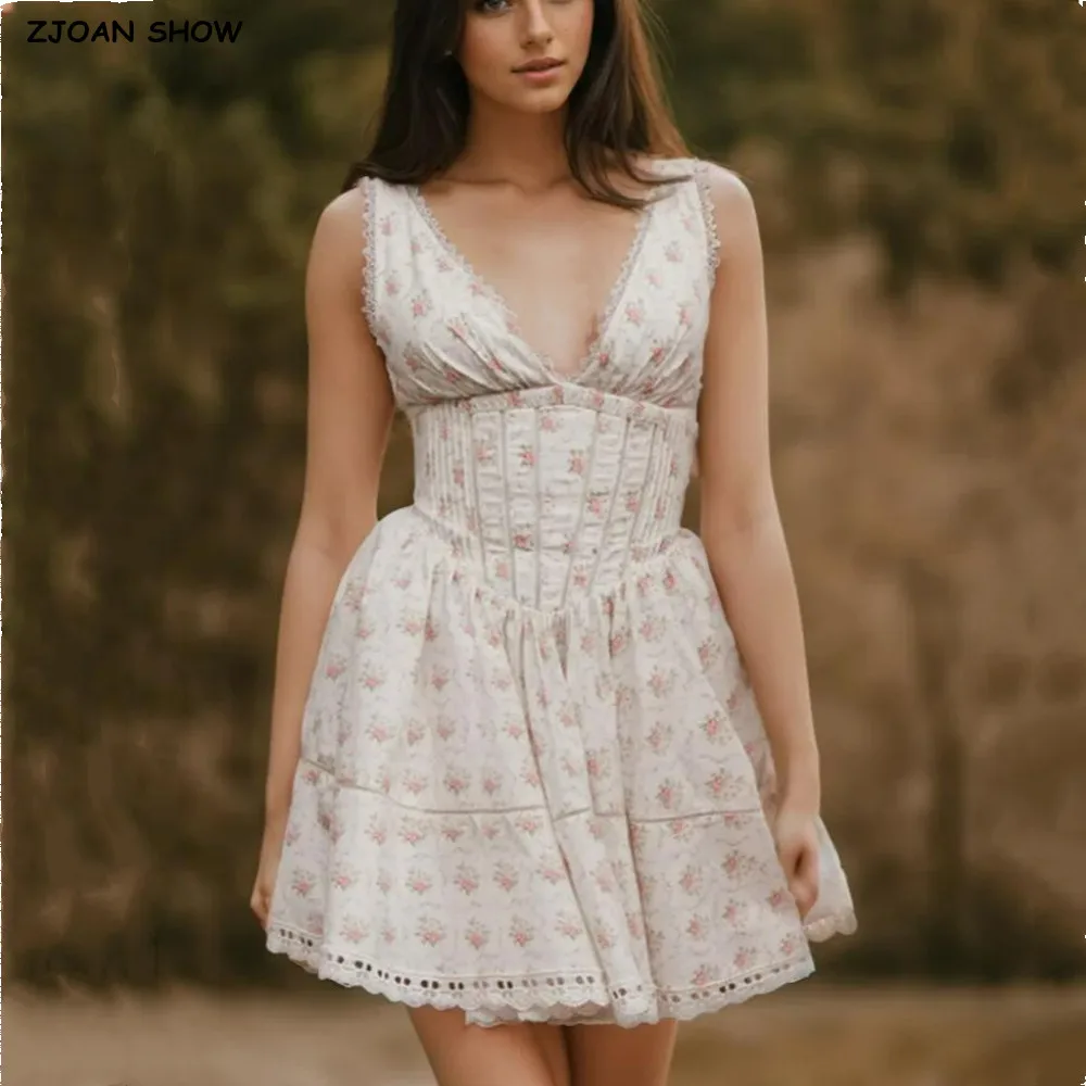 

2025 Sweet White Floral Print Spliced Lace V neck Tank Dress Women Boning Slim Low Waist Folds Ball Gown Sleeveless Dresses Robe