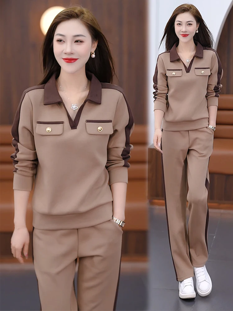 캐주얼 브이넥 슬림 롱 슬리브 와이드 레그 팬츠 투피스 세트 여성용 가을 신상 패셔너블 스포츠웨어