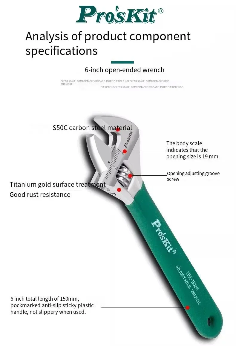 

Pro'sKit 1PK-H026 Противоскользящий разводной ключ с большим отверстием 6/8/10/12 дюймов для универсального разводного ключа