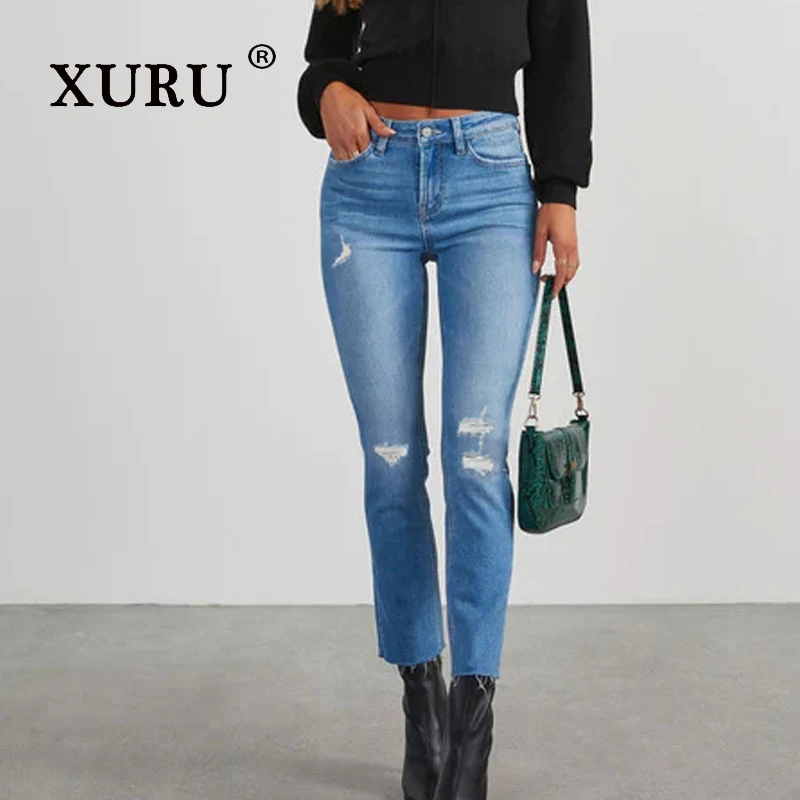 XURU - New Women's Perforated Elastic Jeans, Y2k Clothing Retro Slim Fit Long Jeans, Men's Pants