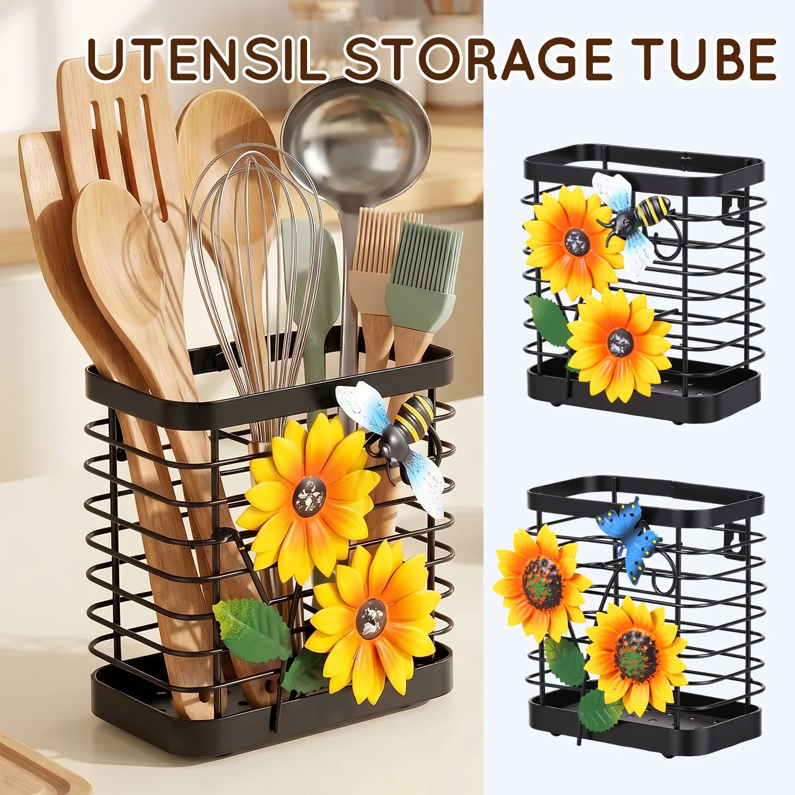 

Cutlery Holder Iron Kitchen Utensil Holder Sunflower Spoon Fork Chopsticks Storage Holder Countertop Cooking Utensil Organizer