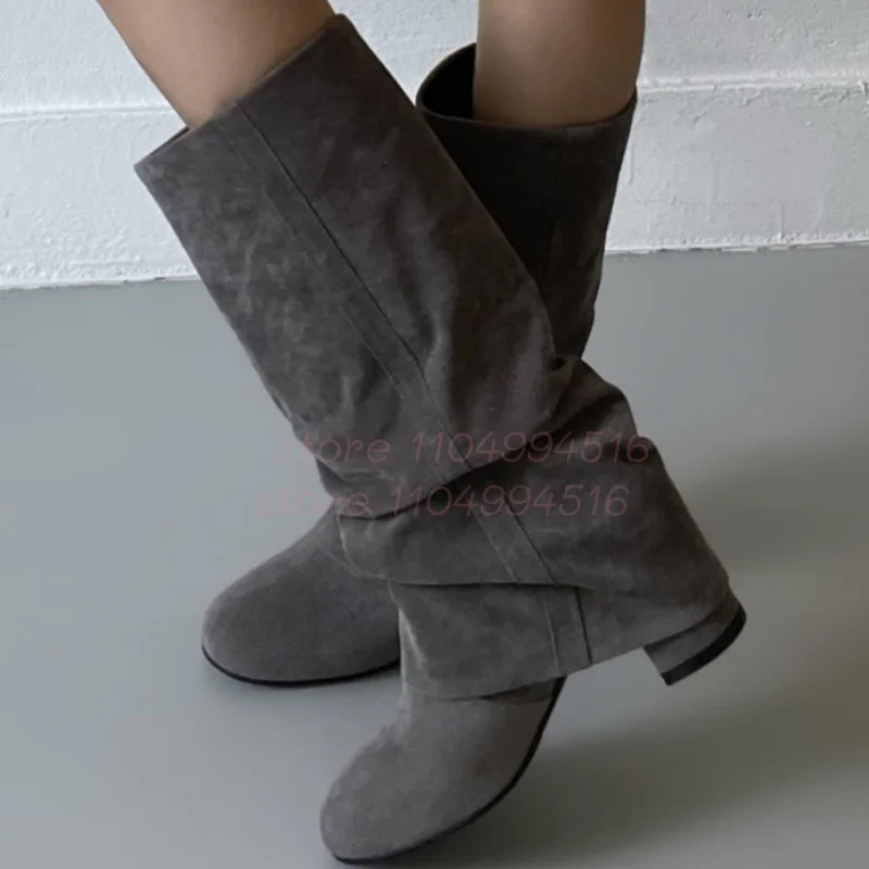 

Grey Suede Chunky Heel Ankle Boots Women Black Slip On Round Toe Mid Calf Boots Fashion Retro Street Style Autumn Winter Shoes