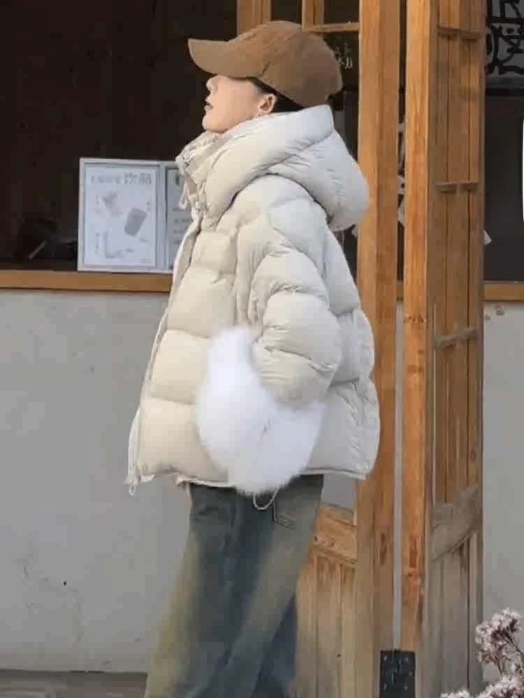 

White Duck down Puffer Jacket Women's Short Hooded Loose Bread Style Outerwear Korean Version Thickened Winter New Arrival