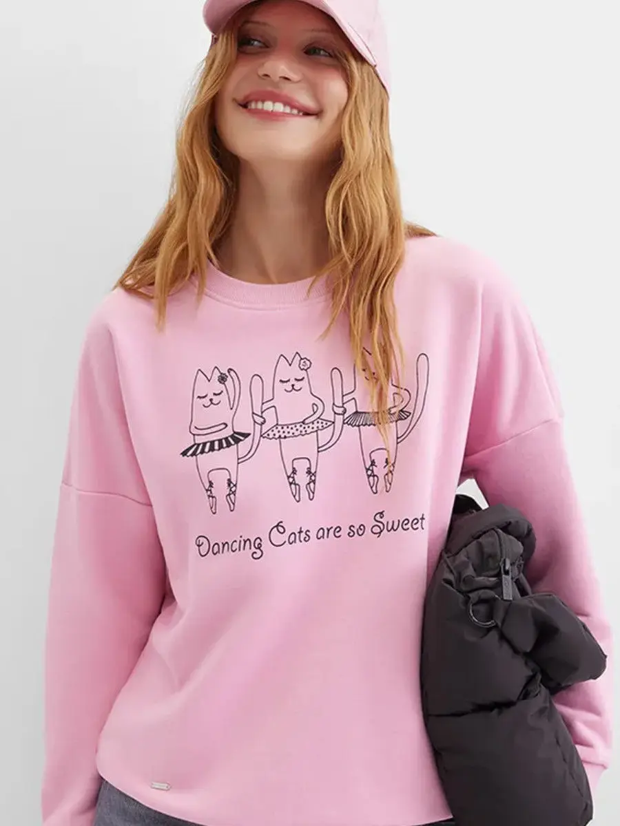 Zabawne Komiksy z Kotami Nadruk Różowe Bluzy Temperament Kobiety Moda Uliczna Okrągły Dekolt Oversize Pulower Jesień Modny Długi Rękaw