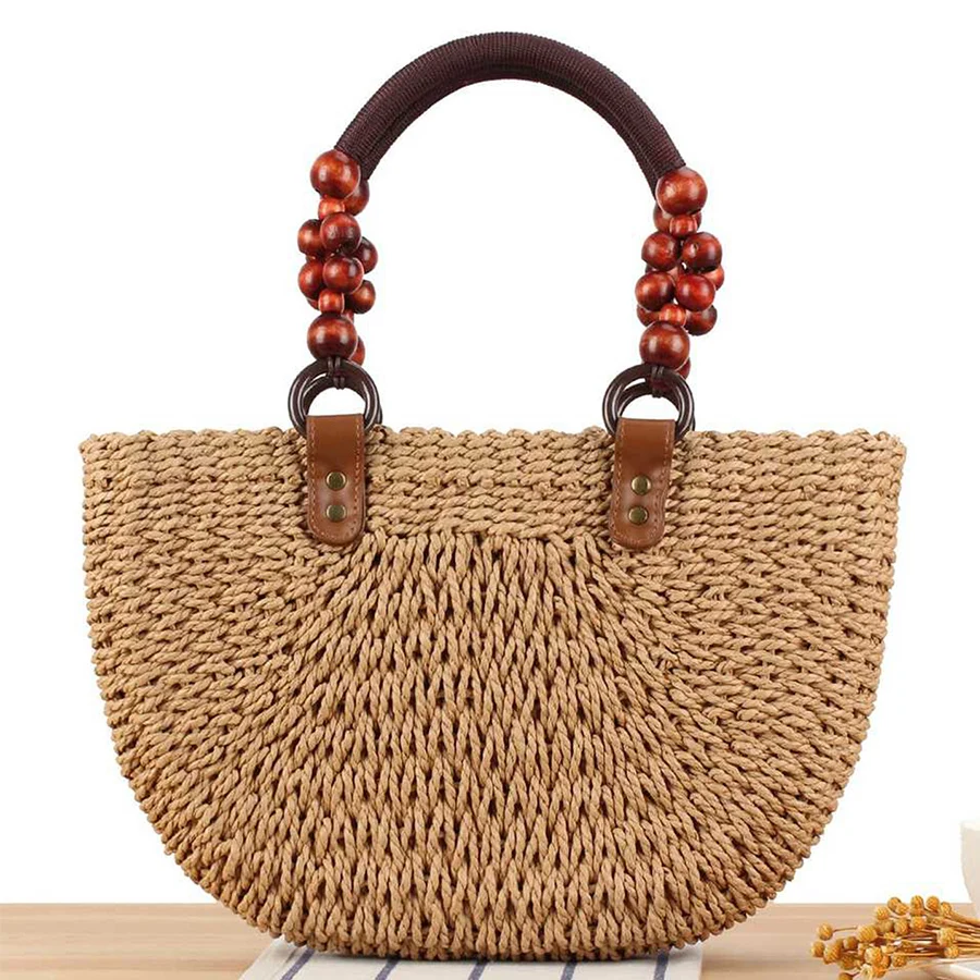 

Handwoven Straw Rattan Half-Moon Beach Handbag Women Summer Hollow Out Shoulder Bag Beaded Handle Clutch Casual, daily Commuting