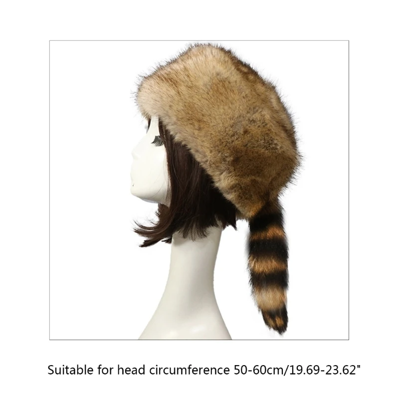 Winter Hat Faux Fur Raccoon Tail Russian Round Flat Top Ear Protects Thick Hat